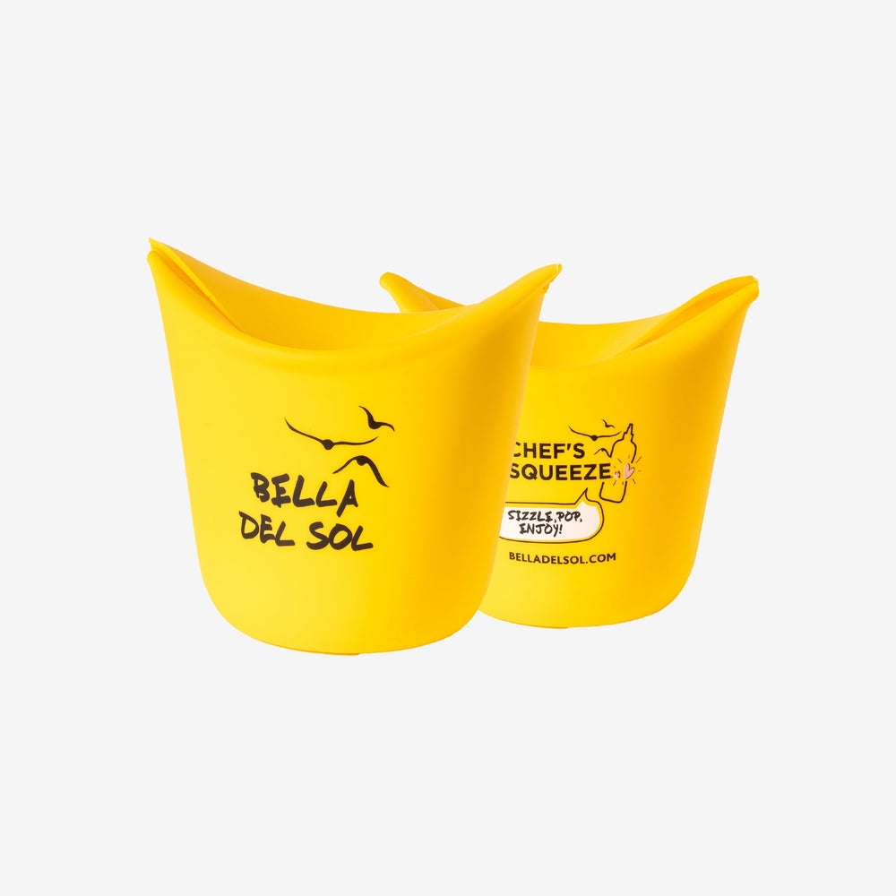 
                  
                    Front and back view of the yellow Bella Del Sol single-serve silicone popcorn popper, featuring a sleek design and branded logo, highlighting its compact and foldable functionality.
                  
                